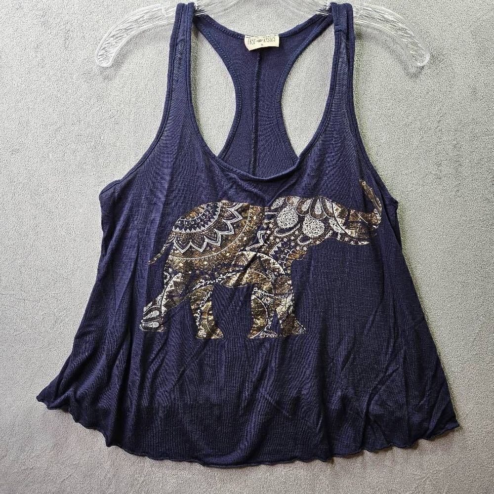 Free Kiss Elephant Foil Print Racerback Shirt Blue Gold Womens Size S
